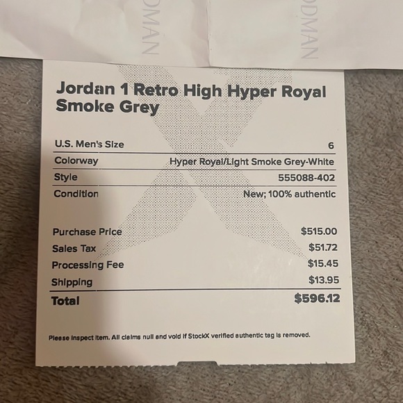 Jordan 1 retro high hyper royal smoke grey nike size 6 - Picture 6 of 6